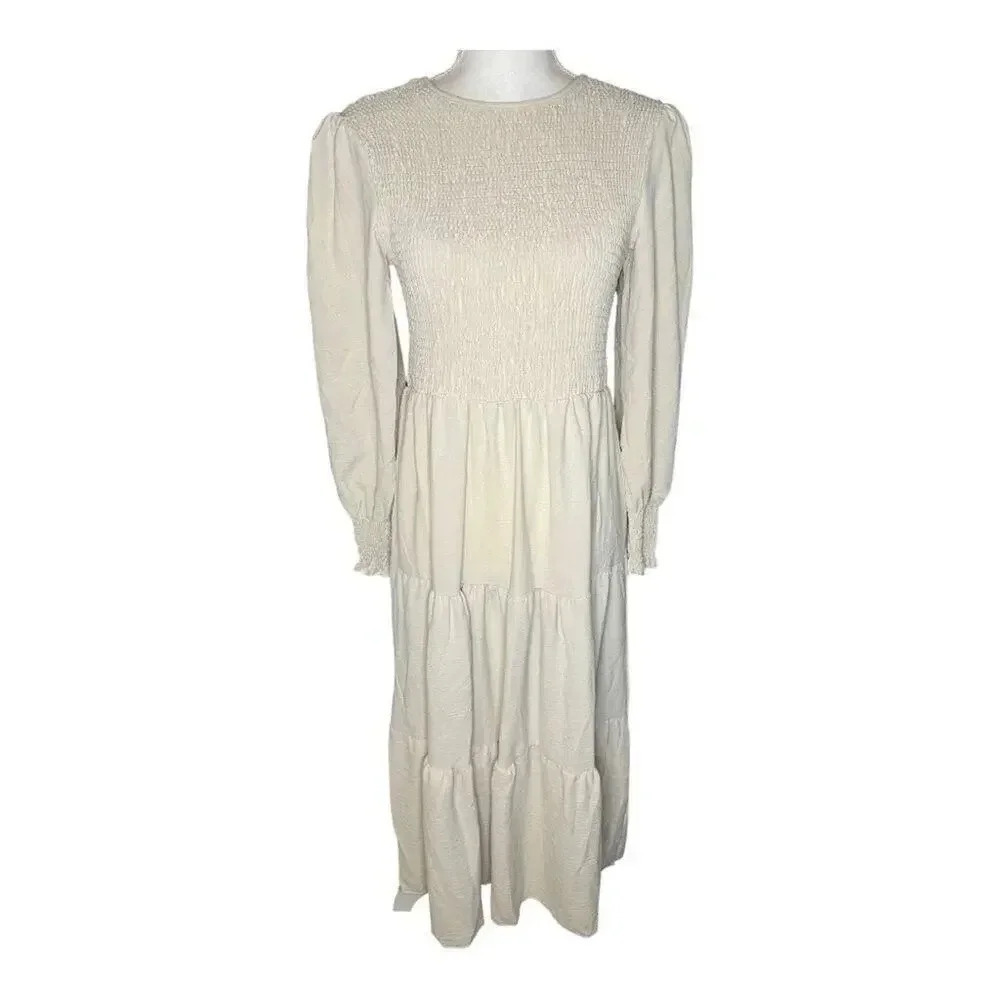 Drcuivs Women’s Medium Cream Casual Long Sleeve Midi Smocked Flowy Tiered Dress